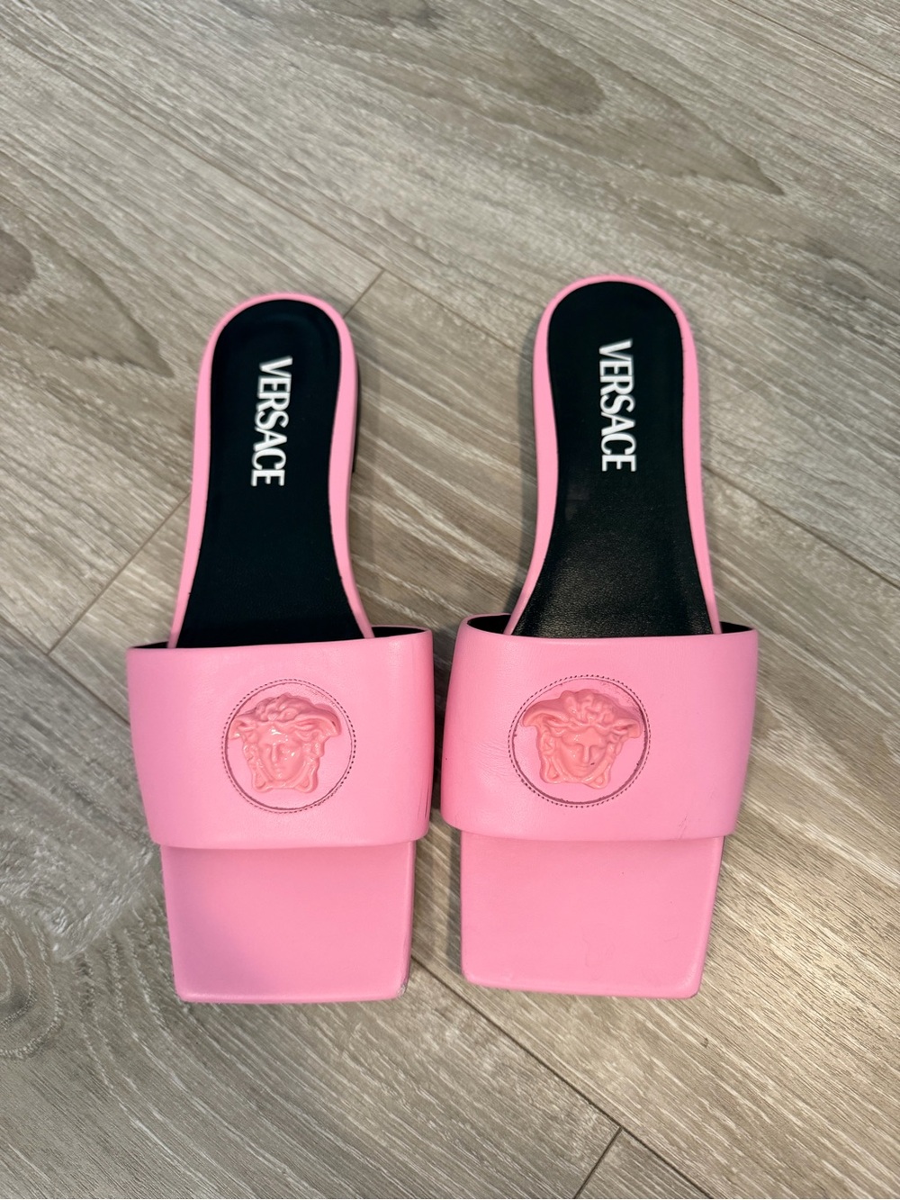 Versace Pink Medusa Square-Toe Slide Mules
